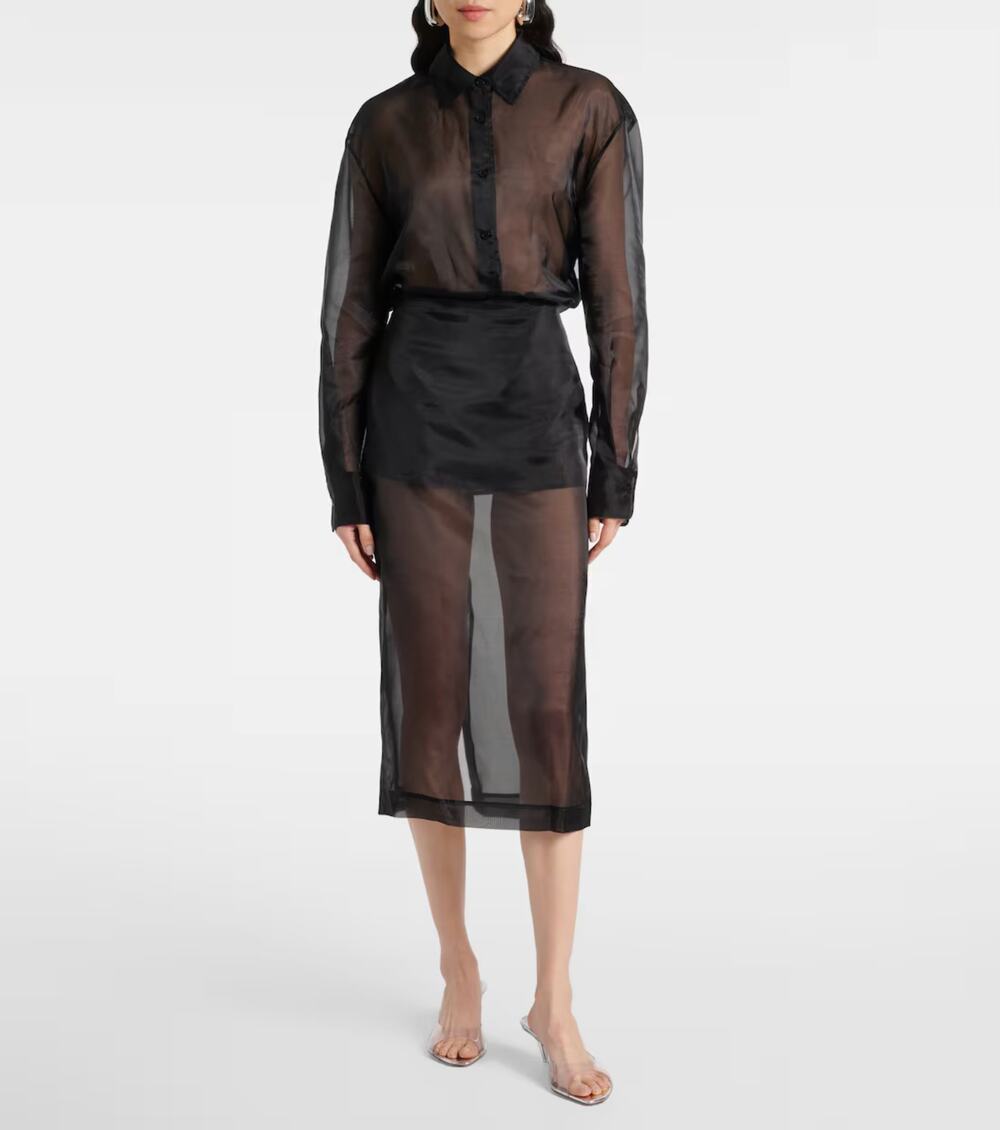 $155 The Frankie Shop Small Peri Silk Sheer Midi Skirt Black